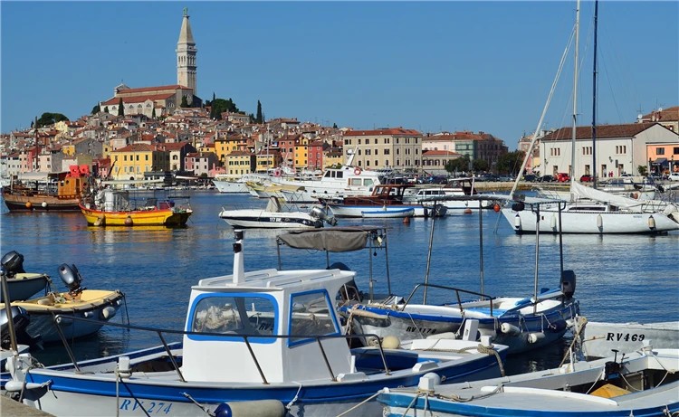 Přístav Rovinj s loďkami a barevnými fasádami domů | Slunečná Istrie - poloostrov plný krás